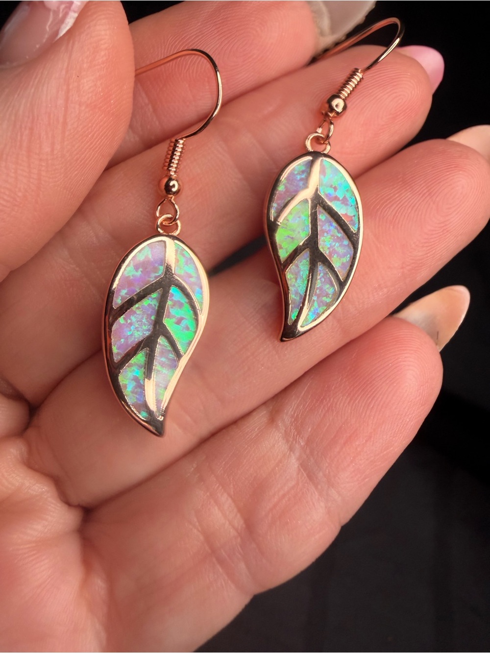 Rose Gold Filled Blue Fire Opal Leaf Dangle Earrings